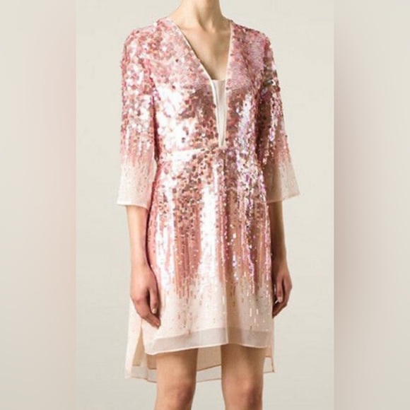 Halston Heritage Pink Chiffon Sequin Dress Knee Length Sheer Lined Size 2 - Picture 11 of 11